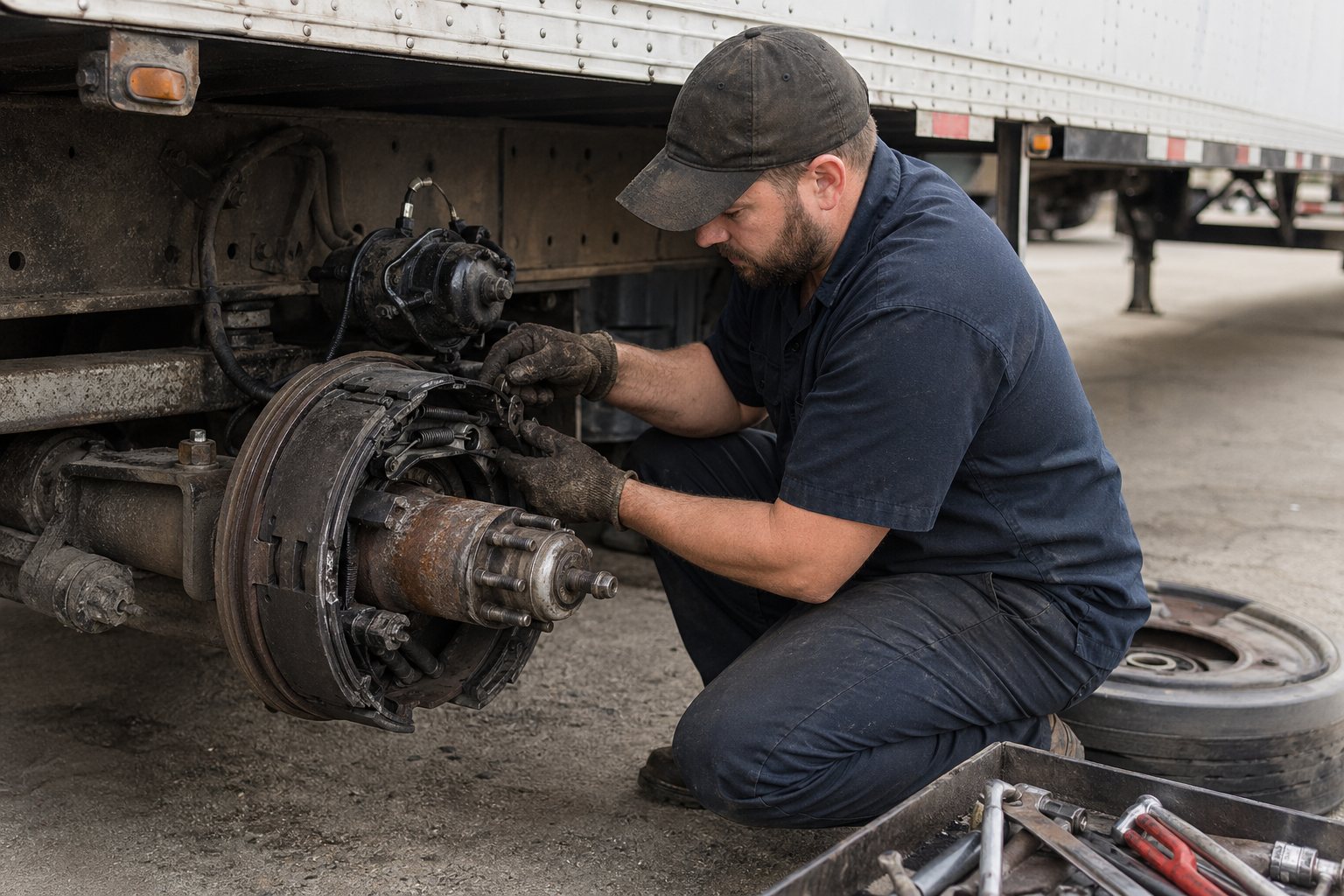 Atlanta mobile diesel mechanic working near a heavy truck wheel end