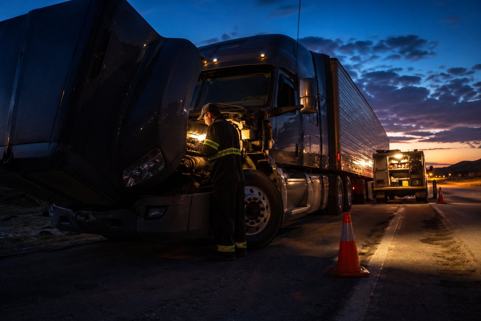 Night roadside truck repair scene with service lighting and cones