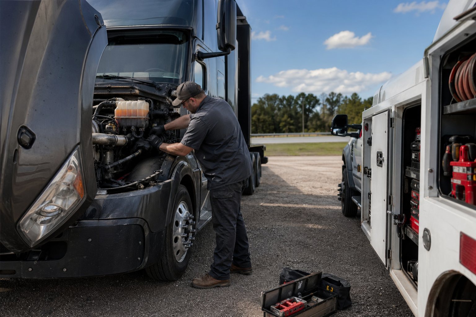 Mobile service truck beside a semi truck with hood open